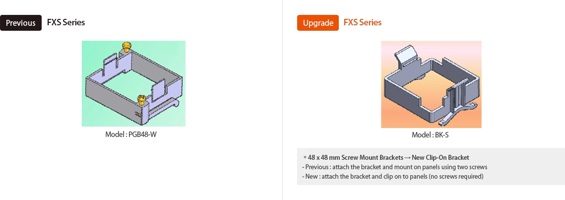 Previous:FXS Series Model:PGB48-W, Upgrade:FXS Series Model : BK-S *48 x 48mm  Screw Mount Brackets → New Clip-On Bracket -Previous:attach the bracket and mount on panels using two screws -New:attach the bracket and clip on to panels (no screws required)