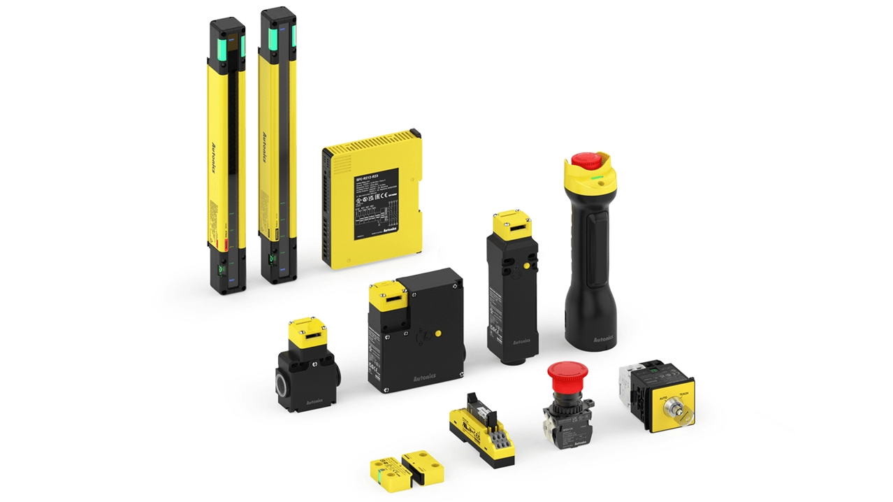 安全传感器和开关：多种型号，包括光幕、控制器、门开关、非接触门开关、紧急停止按钮、钥匙选择开关、继电器端子台等。