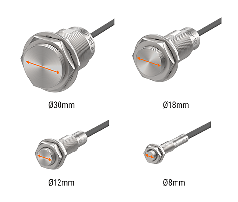 具有 Ø30mm、Ø18mm、Ø12mm 和 Ø8mm 检测面的多种布线规格传感器。