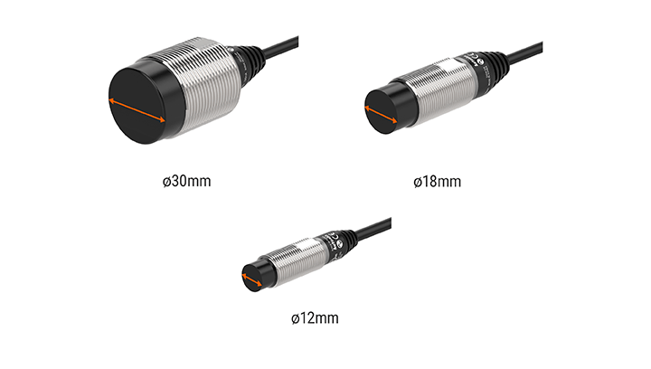 IO-Link PRD 通信型传感器外观 (Ø30, Ø18, Ø12)