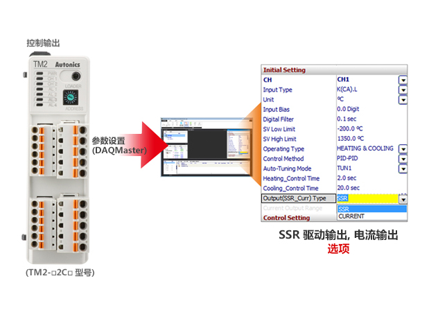 控制输出 (TM2-□2C□ 型号) →参数设置→SSR 驱动输出, 电流输出 选项