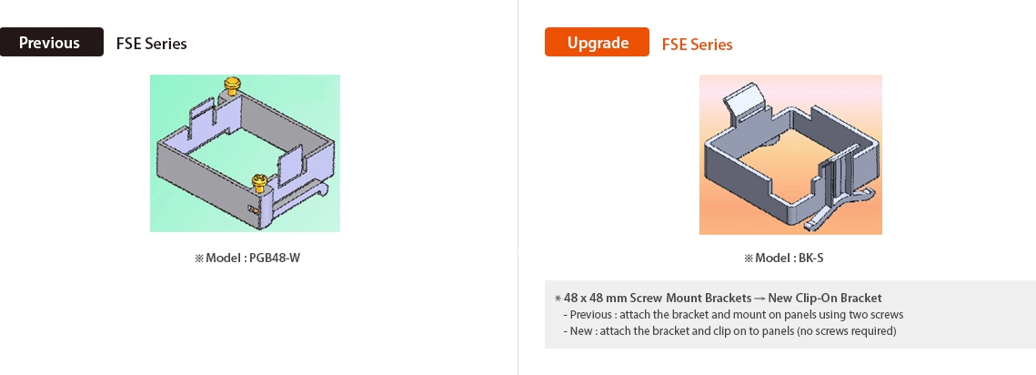 Previous : FSE Series ※Model : PGB48-W, Upgrade : FSE Series ※Model : BK-S *48x48mm  Screw Mount Brackets → New Clip-on Bracket -Previous : attach the bracket and mount on panels using two screws, -new:attach the bracket and clip on to panels (no screws required)